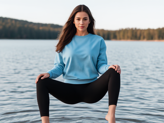 Brunette wearing a light blue sweatshirt and black yoga pants being held over a lake