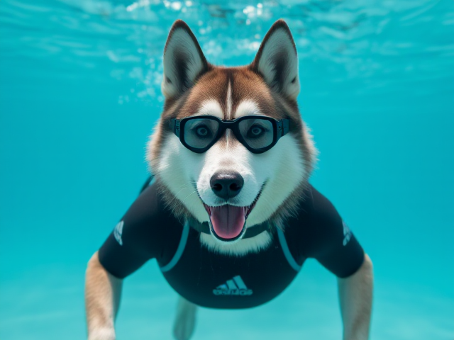 A anthropomorphic Siberian husky wearing an adidas swimsuit and Freediving goggles