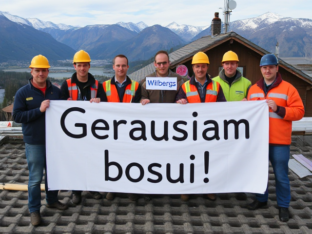image in which group of workers are holdings big sign in which is writen this text: Geriausiam bosui! Few worker in back are holding smaller sign with blue text: Wilbergs.  do not change sign text. Workers are standing in construction on house roof,. scenery is norway mountains. do not change sign text.