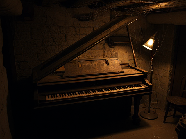 a decrepit and rusty piano with a golden lining in a dim, antiquated camp basement, illuminated by a single metal lamp on the side. The surroundings are adorned with cobwebs and spiders