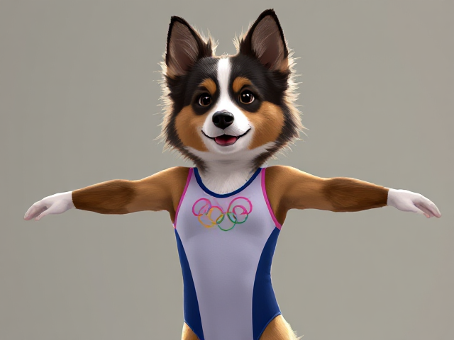 A anthropomorphic Australian shepherd Olympic gymnast wearing a leotard