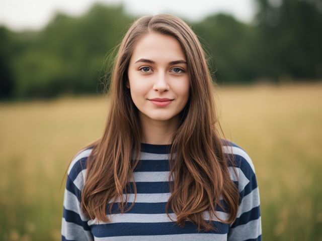 a thick-bodied preppy brown-haired college girl with a wide nose standing in a meadow