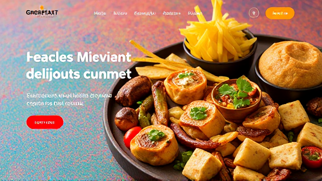 Delicious gourmet cuisine artfully arranged on a vibrant, colorful backdrop with the background of the image similar to  a restaurant landing page template.
