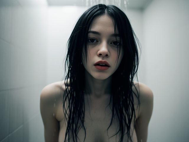 An albino woman 33 years old long black hair standing in the shower with warm water falling on her