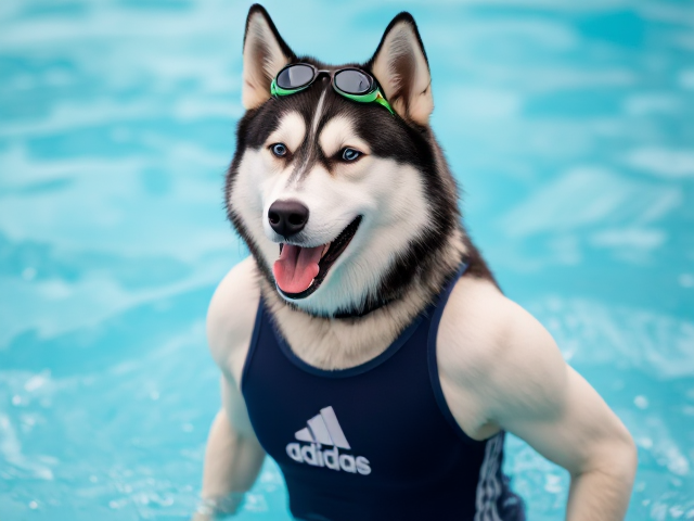 A anthropomorphic Siberian husky wearing an adidas swimsuit and swimming goggles