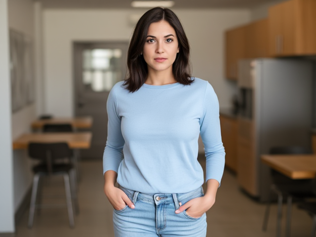 Brunette with dark hair wearing a light blue long sleeve t shirt and light blue jeans in the break room with a constipated look on her face
