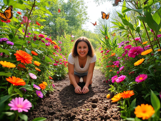 Impact investing as a thriving ecosystem, a vibrant garden filled with diverse blooming plants and flowers symbolizing various social causes. In the center, a joyful woman planting seeds, surrounded by colorful butterflies representing financial growth. Bright sunlight filters through the foliage creating dappled patterns on the ground. The scene is captured in hyper-realistic detail, from an eye-level angle that immerses the viewer in this flourishing environment. The style is vivid and painterly, evoking a sense of harmony and optimism.