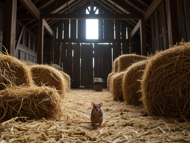 Mouse in a rustic barn, surrounded by hay bales and wooden beams, with sunlight filtering through cracks in the walls, detailed textures