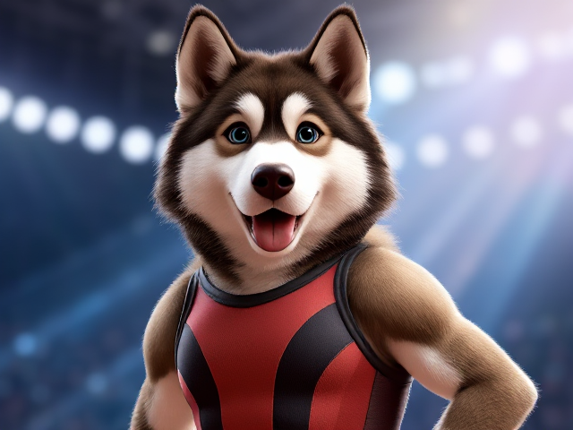 A Alaskan malamute Olympic gymnast with broad shoulders wearing a leotard