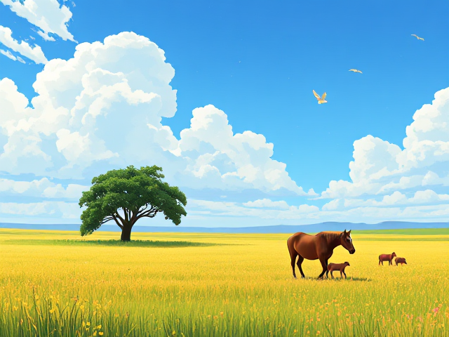 Une grande prairie avec un verger fructueux, une petite mare et des moutons, des poules, un jour d’été, un beau ciel bleu des fleurs, des papillons.