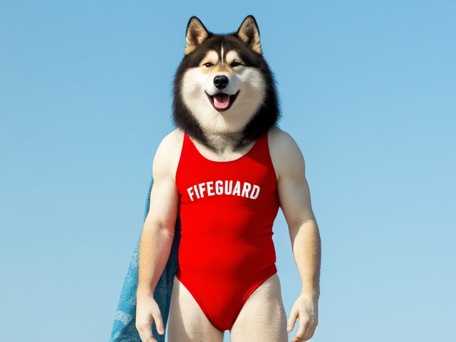 A tall anthropomorphic alaskan malamute with broad shoulders wearing a red lifeguard one piece swimsuit drying off with a towel