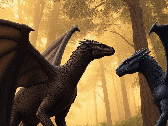 brown and black scaled female dragon with intricate patterns on her scales, massive wings casting a shadow; chest scales are deep obsidian black; embodies hope for a future world of peace; gazing intently through lush, towering trees to witness an imposing army of dragons approaching her and her two steadfast dragon companions; the dragon on her left is cloaked in midnight black scales with mesmerizing purple eyes, while the one on her right boasts navy blue scales with soulful brown eyes; all three dragons exude a palpable tension over the looming threat, yet they are fiercely contemplating their next move; the brown and black scaled dragon radiates a strong aura of bravery and determination as she faces the impending danger