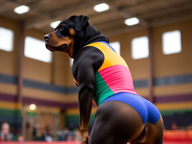Anthropomorphic Rottweiler wearing a vibrant, colorful gymnastics leotard, highlighting strong and muscular hips, set in a lively gymnasium with bright lighting and energetic atmosphere