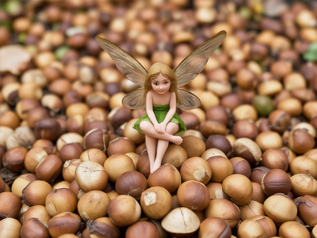 Fairy sitting on a pile of unshelled hazelnuts