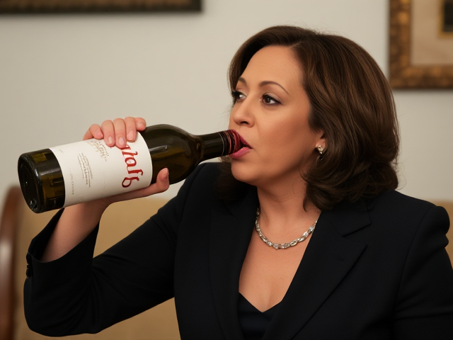 Kamala Harris drinking a bottle of "Joy" wine.