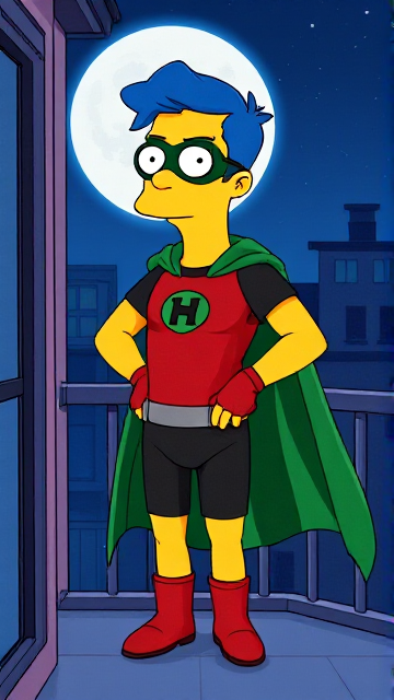 Cartoon scene: Milhouse Van Houten from The Simpsons, with his yellow skin, really big round nose, and blue hair that's slicked back and curled up at the top, but as a tall, 18-year old teenager, dressed as a parody of Robin, The Boy Wonder, with an extremely muscular body, a dark green bodysuit with a red torso adorned with a green H symbol on his chest, a grey utility belt, red boots, red long-cuffed gloves, a big, heel-length long, ultra-wide green cape wreathed around his neck held up by a silver triangular button, and a green eye mask with optical lenses in it, now known as Houseboy, The Nerd Wonder, the other half of Springfield's Dynamic Duo, and one of the greatest vigilante superheroes ever known in Springfield. The teenage vigilante hero is currently standing on his bedroom balcony at night as he gazes up to the starry skies, wondering what his true destiny is.