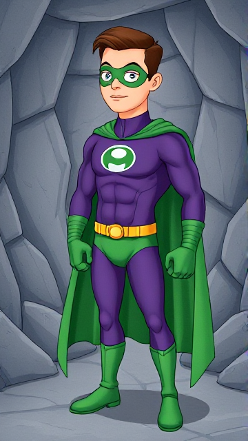 Modern Cartoon scene: A young, Autistic 25-year old boy with light skin and flat, smooth, and slick brown hair named T.J. Granger, but transformed into a genetically-altered superhero named Powerman, who, despite still being a young adult kid, has an extremely muscular body. He wears a sleek purple suit with a green P symbol on his chest, a gold belt with a circular buckle, green briefs, green boots, green long-cuffed gloves, a really big, toe-length long, ultra-wide green cape wreathed around his neck, and a green eye mask that protects his true identity. He also has incredible and invincible superpowers flowing through his veins. In this scene, Powerman is currently standing in his secret high-tech underground lair, ready for action.