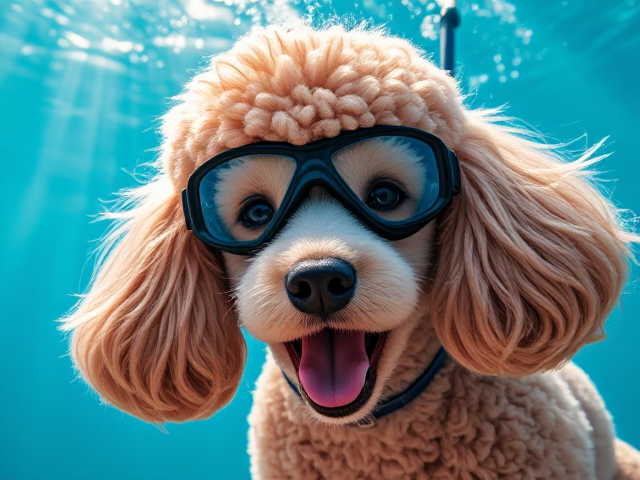 Anthropomorphic poodle with sleek freediving goggles, ultra-detailed fur texture showing individual strands, vibrant colors with iridescent highlights, playful expression with sparkling eyes, underwater scene featuring bubbles and sunbeams