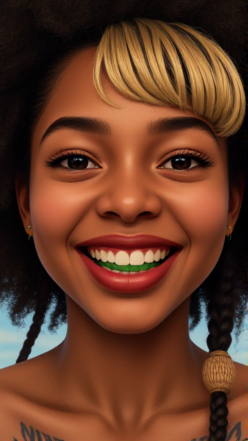 Portrait of an 18-year-old girl smiling with afro,  American eyes large green fleshy mouth with red lipstick, earring , sweaty skin with imperfections,tattooed, hair with braids and blonde bangs, intricate details ( 8k super realistic)