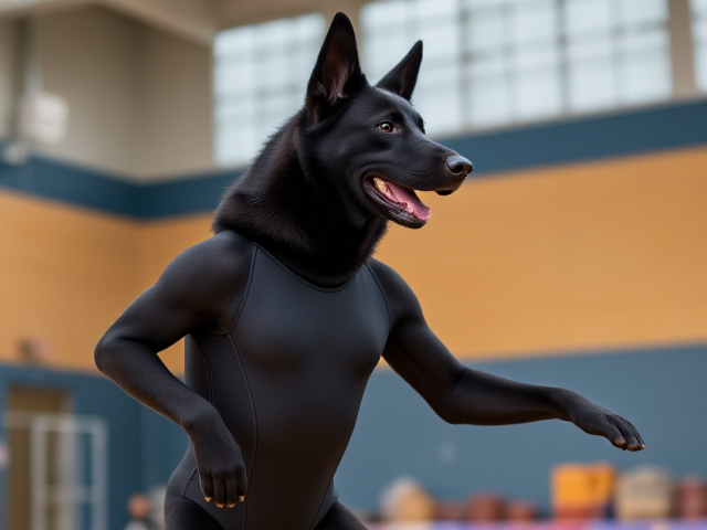 Anthropomorphic black German shepherd with broad shoulders, wearing a gymnastics leotard, inside a gymnasium, dynamic pose
