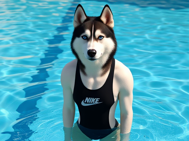 A tall anthropomorphic Siberian husky with a long torso and broad shoulders wearing a high cut Nike one piece swimsuit and swimming goggles, in a swimming pool