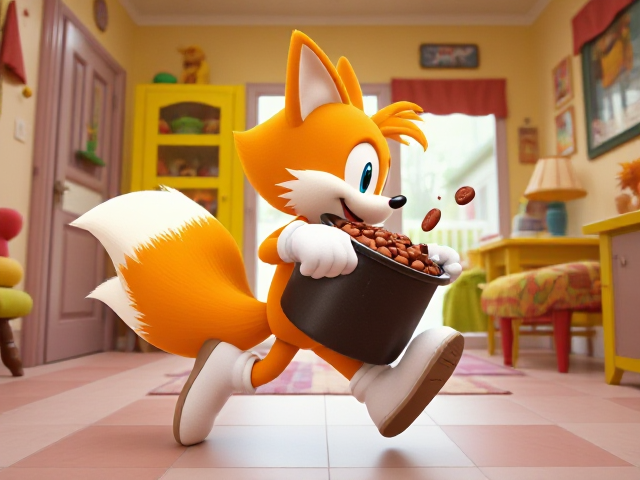 A side shot of a young and adorable depiction of a smaller, younger version of Miles "Tails" Prower the two-tailed fox wearing gloves and white socks. He is running through a brightly lit, colorful house with playful decorations and furniture, carrying a GIANT pot of baked beans that he didn't steal. Beans are splashing out of the pot as Tails mischievously looks behind him to ensure he isn't being chased. His two fluffy tails are flowing behind him dynamically, adding to the sense of motion and excitement in the scene. Tails is farting as he flees the scene