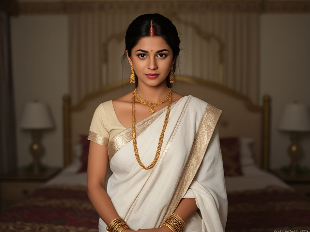 Indian woman in a bedroom with a white saree on and gold bangels, earrings, rights, and anklets