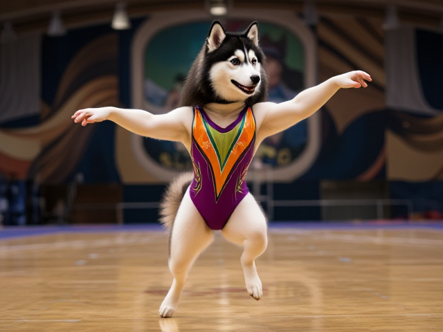 Anthropomorphic Alaskan malamute wearing a vibrant gymnastics leotard, set against a dynamic gymnasium backdrop, showcasing agility and elegance in motion