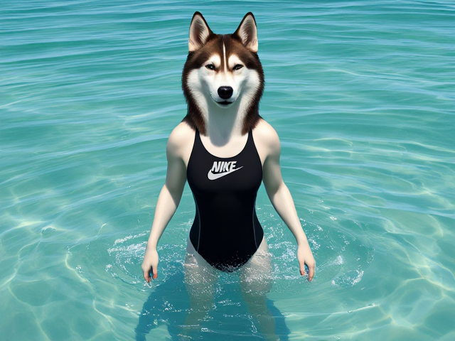 A tall anthropomorphic Siberian husky with a long torso and broad shoulders, wearing a high cut Nike one piece swimsuit while swimming in the ocean
