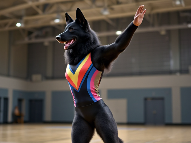 Anthropomorphic black German shepherd wearing a colorful gymnastics leotard in a gymnasium, performing a graceful routine, dynamic lighting, detailed fur texture