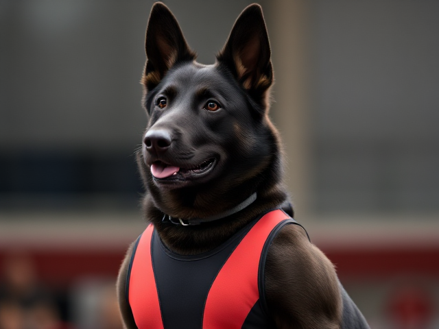 A anthropomorphic black German shepherd Olympic gymnast wearing a leotard