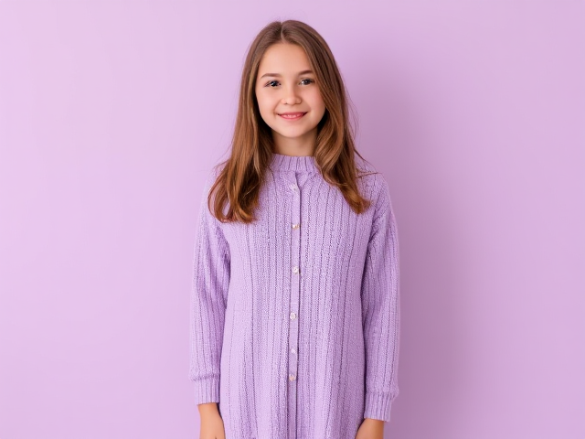 A teen wearing a pretty pale lavender sweater dress.