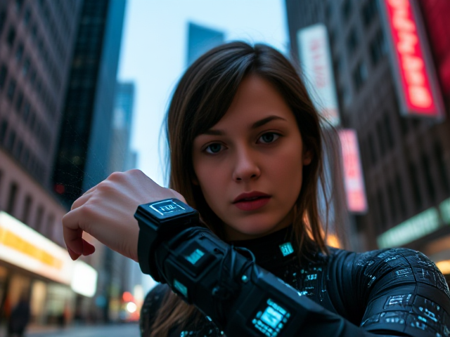 Wearable technology integrated into human skin, tiny circuits and screens glowing subtly, the subject is a young woman with an expression of anxiety, glancing at her wrist where holographic data emerges, urban setting in the background with blurred skyscrapers and neon signs, cyberpunk style, dramatic lighting highlighting the technological details, eye-level angle capturing her face and wrist in focus
