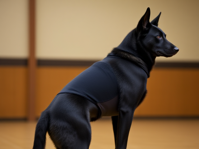 Anthropomorphic black German shepherd wearing a gymnastics leotard, posing with emphasis on its hips in a gymnasium setting, detailed and vibrant colors
