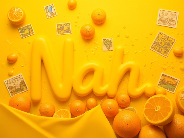 Pochette album, thème jaune et orange.
Titre écrit (lettres) = « Nah… »
Fruits oranges et jaunes, liquide jaune éclaboussures, timbres de voyage