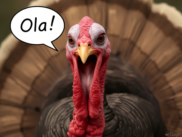 A turkey shouts.  There is a speech bubble that reads "Ola!"