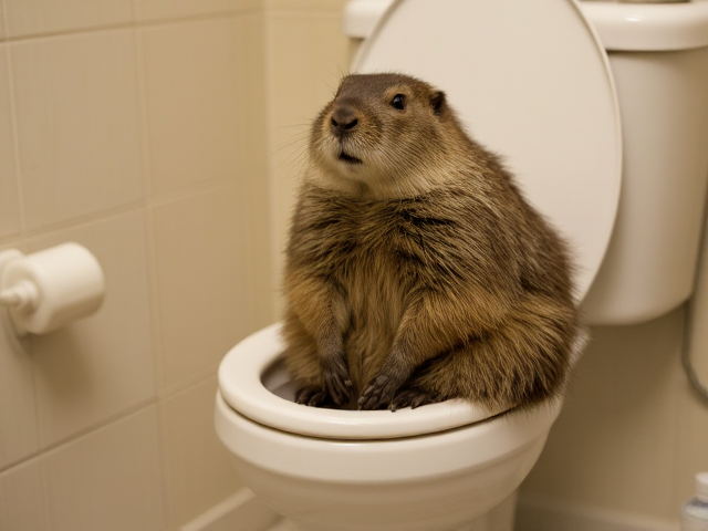 Muskrat sitting on toilet