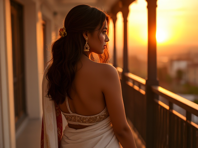 Skinny Indian woman with brown hair, white saree, and gold bangels, back facing the angle on a balcony