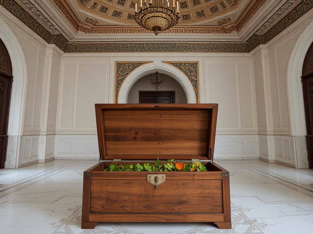 peux tu me generer une image qui montre un coffre en chene ouvert avec des feuilles dépassant du coffre au milieu d'une pièce au plafond osmanien avec un sol en marbre