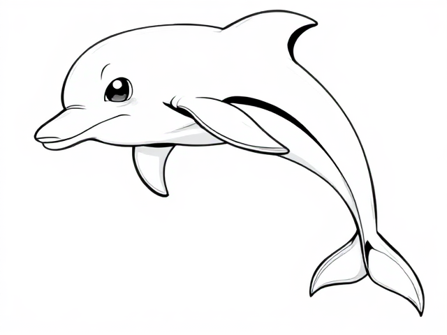 Black and white anime-style illustration of a playful dolphin in mid-jump, with expressive eyes and dynamic motion lines
