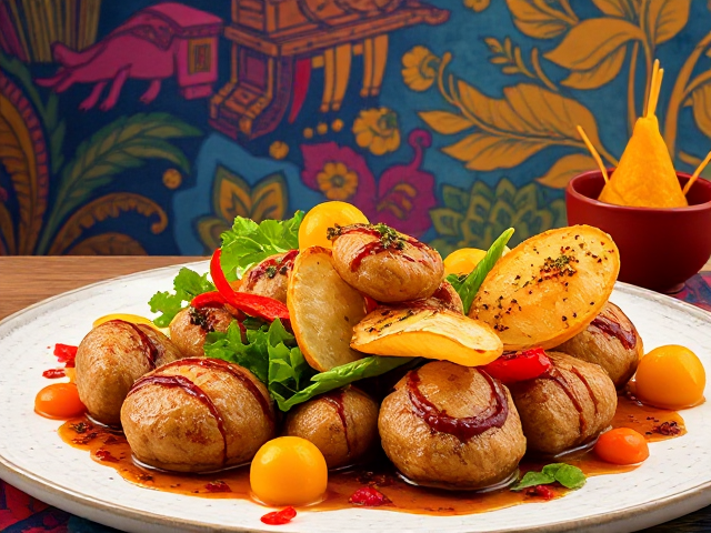 Delicious gourmet cuisine artfully arranged on a vibrant, colorful backdrop, showcasing intricate details and rich textures, emphasizing elegance and creativity