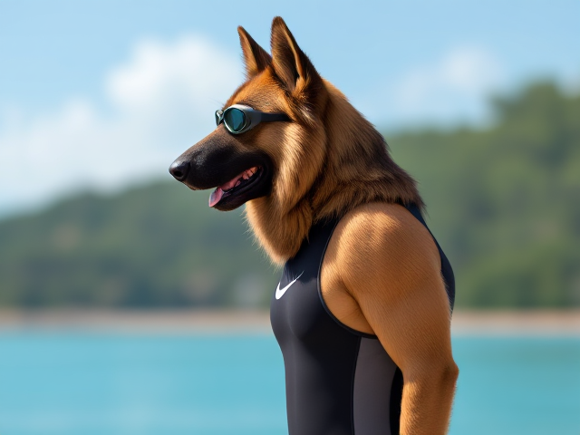 A tall and lean anthropomorphic long haired German shepherd with a long torso and broad shoulders wearing a high cut Nike one piece swimsuit and swimming goggles