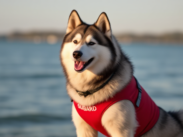 A anthropomorphic alaskan malamute wearing a red lifeguard one piece swimsuit