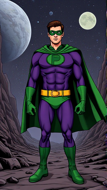 Dramatic Comic Book Cartoon scene: A young, Autistic 25-year old boy with light skin and flat, smooth, and slick brown hair named T.J. Granger, but transformed into a genetically-altered superhero named Powerman, who, despite still being a young adult kid, has an extremely muscular body. He wears a sleek purple suit with a green P symbol on his chest, a gold belt with a circular buckle, green briefs, green boots, green long-cuffed gloves, a really big, toe-length long, ultra-wide green cape wreathed around his neck, and a green eye mask that protects his true identity. He also has incredible and invincible superpowers flowing through his veins. In this scene, Powerman is currently standing in a dark valley on a mysterious alien planet in outer space that needs his help, ready to begin his investigation.