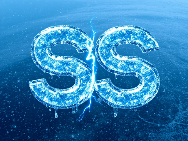 Double SS logo designed as a wallpaper, adorned with ice particles and water droplets, each S having a light blue shiny diamond ice texture, looking slippery and wet and blue lightning bolts coming out of the double SS and a snowy blue background