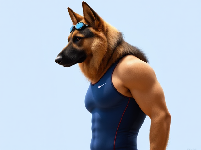 A tall and lean anthropomorphic long haired German shepherd with a long torso and broad shoulders wearing a high cut Nike one piece swimsuit and swimming goggles