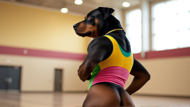 Anthropomorphic Rottweiler wearing a vibrant, colorful gymnastics leotard, highlighting strong and muscular hips, set in a lively gymnasium with bright lighting and energetic atmosphere