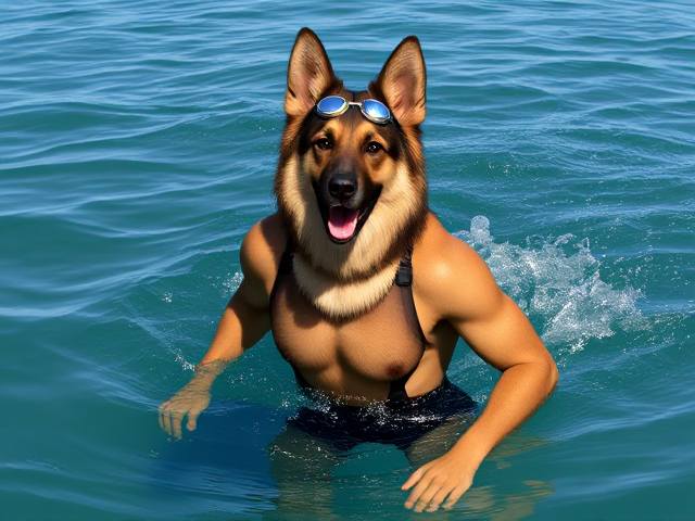 A tall anthropomorphic long-haired German shepherd Olympic swimmer with a long torso and broad shoulders wearing a one-piece swimsuit and goggles, swimming in the sea