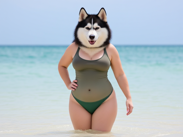 A anthropomorphic Siberian husky with large hips wearing a one piece swimsuit