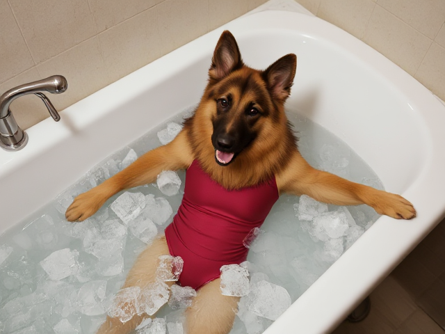 A anthropomorphic long haired German shepherd wearing a gymnastics leotard submerged in a bathtub full of ice